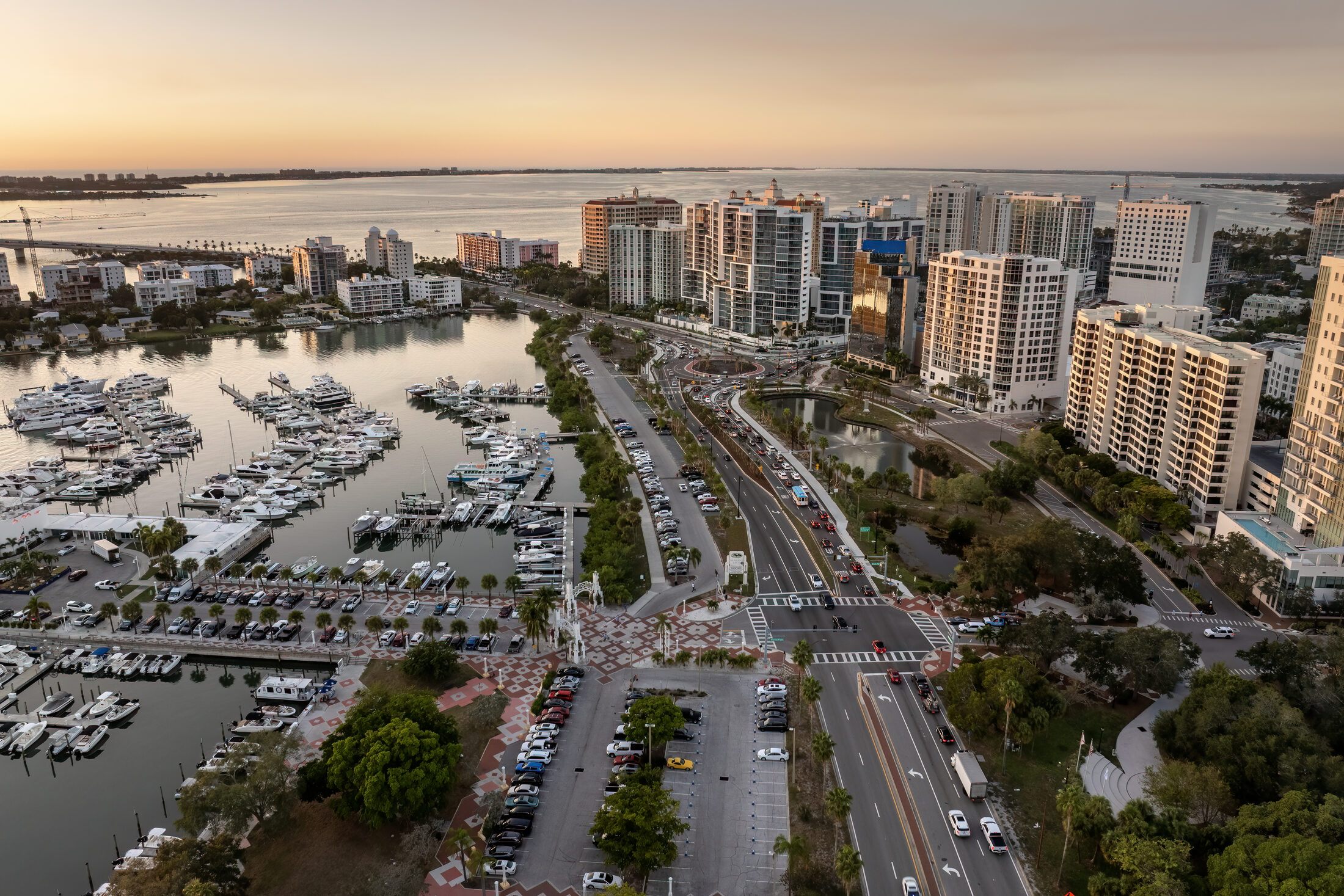 Golden-hour aerial of the Sarasota Gulf Coast